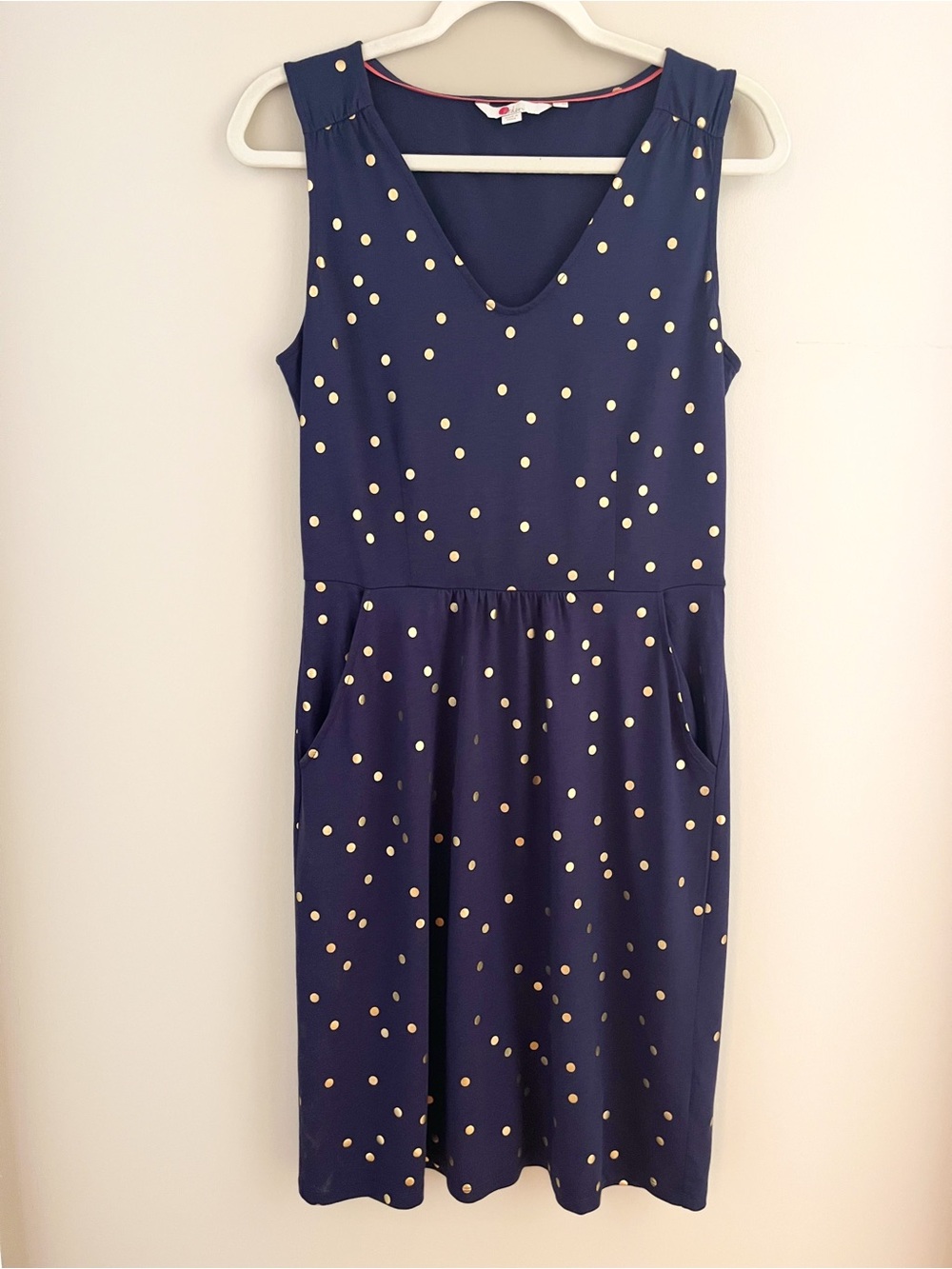 Boden Melinda Navy Gold Foil Polka Dot Dress 8